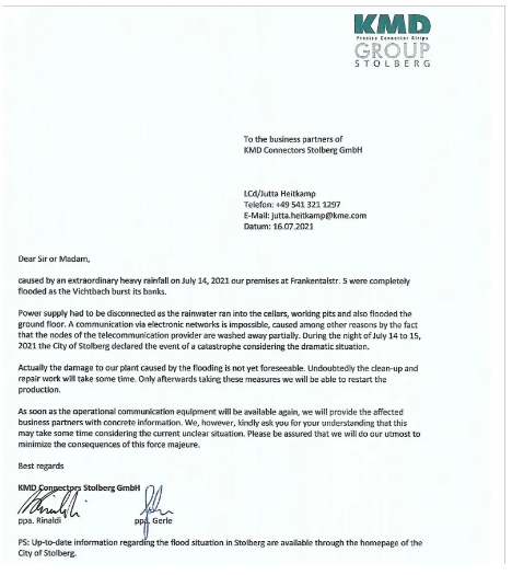 欧洲部分端子&连接器原材料厂家被淹，或将影响端子连接器厂家生产